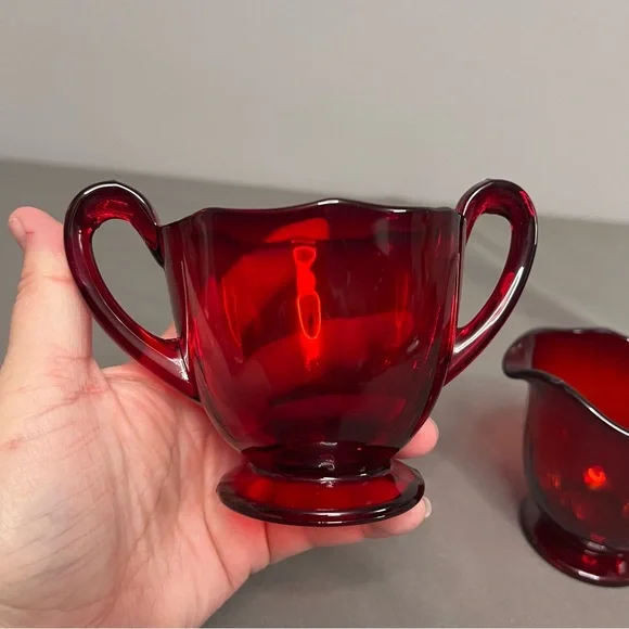 VTG Ruby Red Depression Glass Sugar & Creamer Set W/ Waved Rims - Picture 2 of 10